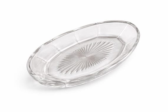 Vintage Clear Glass Oval Dish with Scalloped Rim and Starburst Pattern in Base