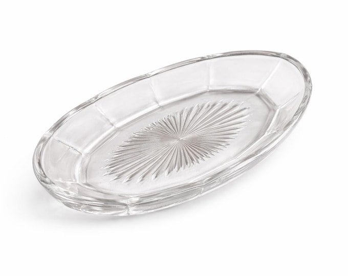 Vintage Clear Glass Oval Dish with Scalloped Rim and Starburst Pattern in Base