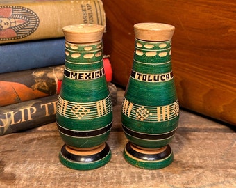 Mexico Souvenir Vintage Wooden Salt & Pepper Shakers Toluca Carved Boho Cottage Core
