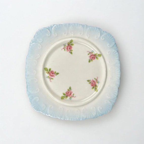 Royal Stafford Bone China Dish – Pink Rosebud Floral, Blue Ombre Scalloped Edge, England