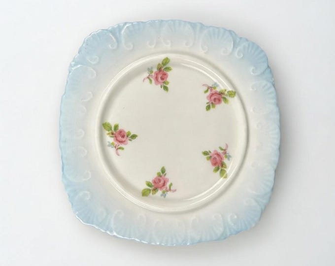 Royal Stafford Bone China Dish – Pink Rosebud Floral, Blue Ombre Scalloped Edge, England
