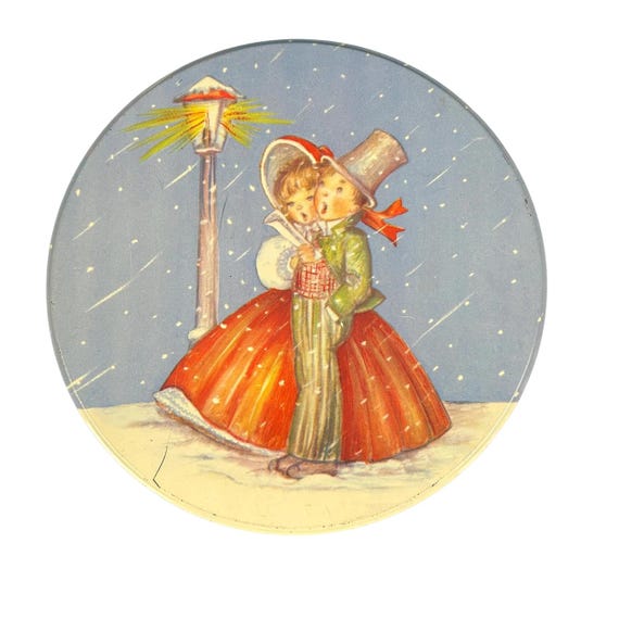 Vintage Christmas Tin with Boy and Girl Carollers