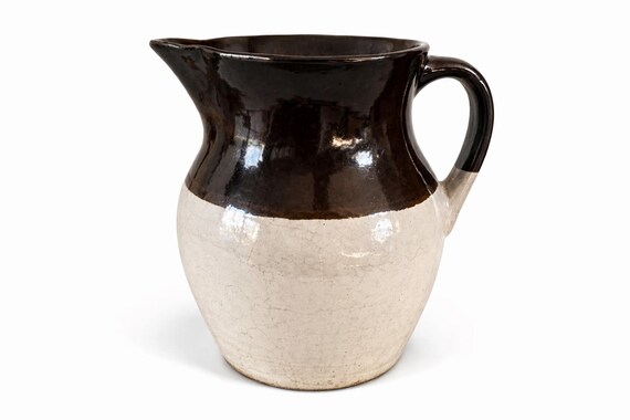 Large Two-Toned Pitcher: Classic Brown and Beige Stoneware, American Pottery