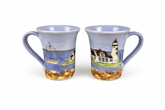Vintage Shard Pottery Lighthouse Mugs, Hand-Painted Stoneware Coastal Coffee Cups