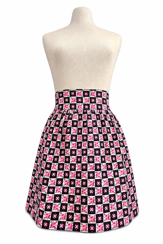 Vintage Cotton Half-apron with Red, Pink, Greens, Black in a Floral Block Design