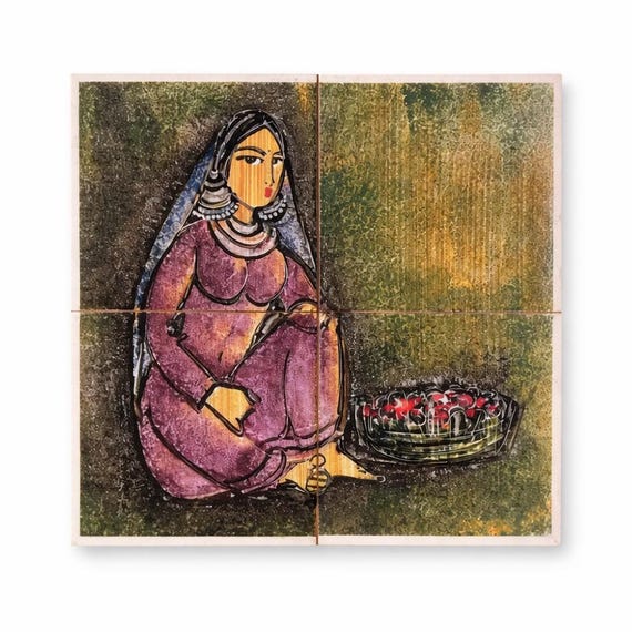 Vintage 1970s Indian 4-Tile Painting: V.M. Raikar, Bombay Vitrum Studio
