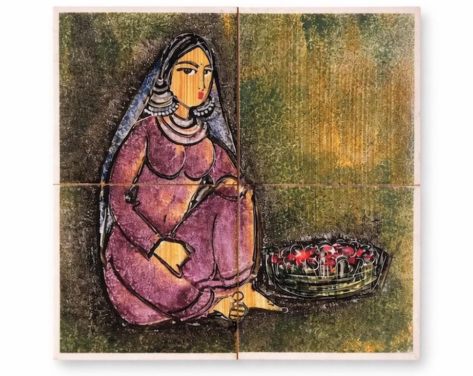 Vintage 1970s Indian 4-Tile Painting: V.M. Raikar, Bombay Vitrum Studio