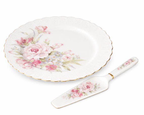 Vintage Andrea by Sadek Victorian Rose Cake Plate & Server | Pink Floral Porcelain | Discontinued