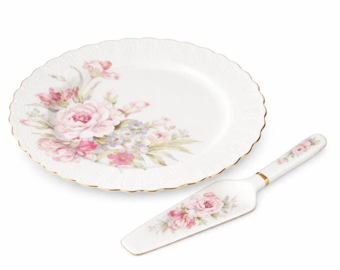 Vintage Andrea by Sadek Victorian Rose Cake Plate & Server | Pink Floral Porcelain | Discontinued