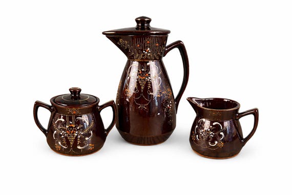 Vintage Japanese Moriage Tea Set: Redware Teapot, Sugar, Creamer (1940s-1960s)