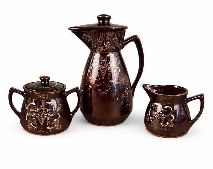 Vintage Japanese Moriage Tea Set: Redware Teapot, Sugar, Creamer (1940s-1960s)