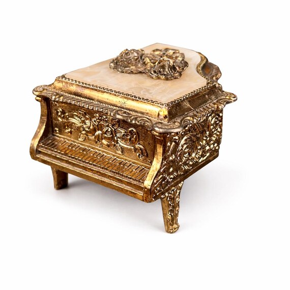 Vintage Piano Trinket Box – Marbled Bakelite Lid, Gold Lined
