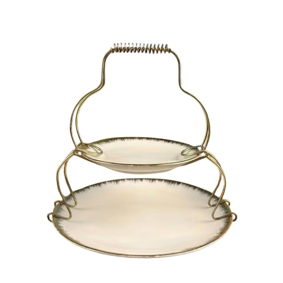 Vintage 2-Tier Serving Stand – White & Gold Plates, Made in Japan