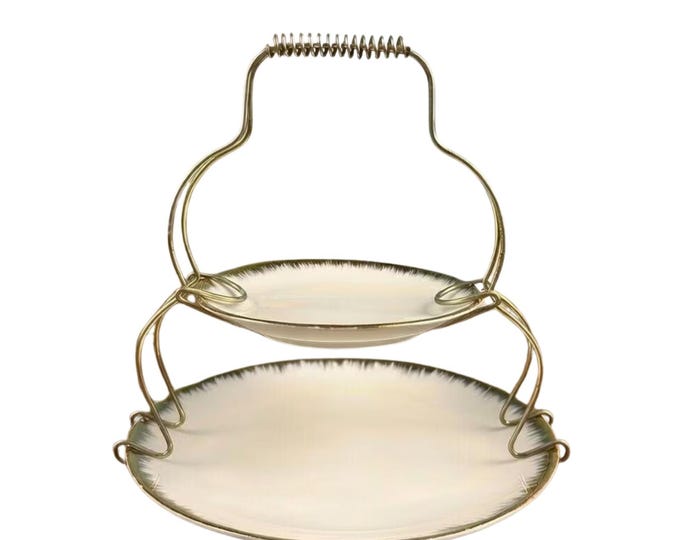Vintage 2-Tier Serving Stand – White & Gold Plates, Made in Japan