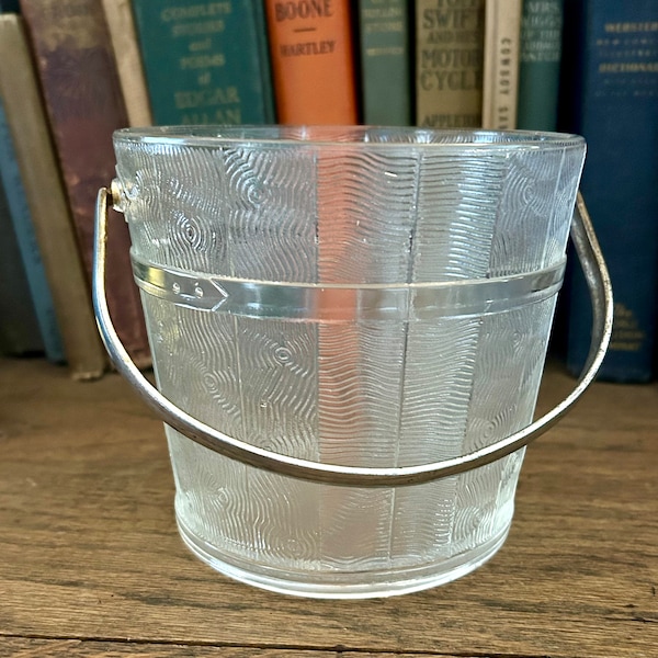 Vintage Pressed Glass Ice Bucket Pail with Silver Colored Handle Wooden Pail Look Granny chic cottagecore excellent condition