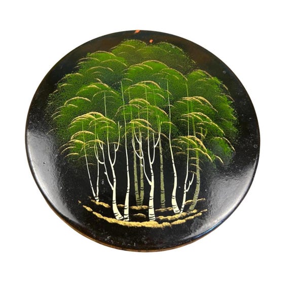 Vintage 70s Mini Metal Casket, Lacquered/Enameled Box, Forest Pattern - Jewelry, Medicine Box USSR