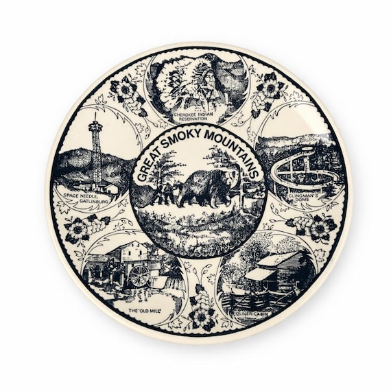 Vintage Smoky Mountains Ironstone Plate: Gatlinburg, Cabin, Bear Decor