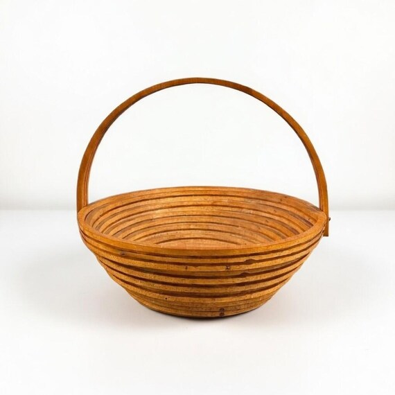 Handmade Wooden Spiral Basket Trivet | Arts & Crafts Style | Signed Artist 1985 | Folding Handle