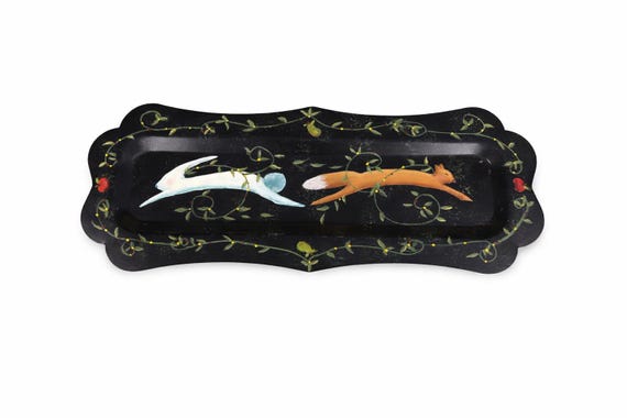 Hand Painted Rabbit Fox Tray – Signed Ruth 2003 Folk Art Woodland Cottagecore Serving Dish