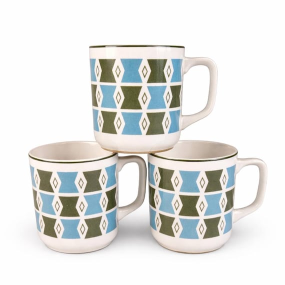 Harmony House Malibu Mugs, MCM Atomic Blue Green Geometric Cups, 1960s Retro Kitchenware