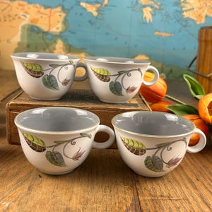 Denby Langley Spring Four (4) Cups Vintage Stoneware | Made in England matte white gray cottage teacup green 60s