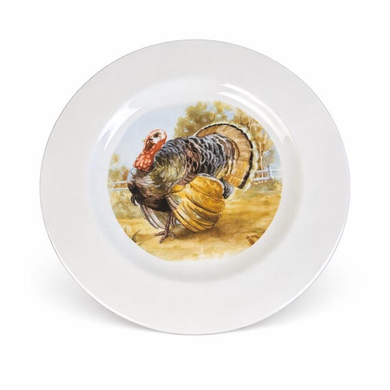 Vintage Pickard Ravenswood Turkey Plate, 10.5" Ivory Gold Trim Thanksgiving Serving Plate