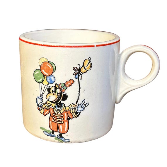 Vintage Ceramic Children's Advertising Cup or Mug,  Clown Monkey with Balloons, Mid-Century Modern Kitsch