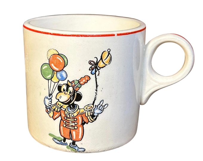 Vintage Ceramic Children's Advertising Cup or Mug,  Clown Monkey with Balloons, Mid-Century Modern Kitsch