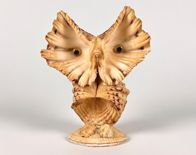 Vintage Seashell Owl Sculpture, Handmade Beach Decor