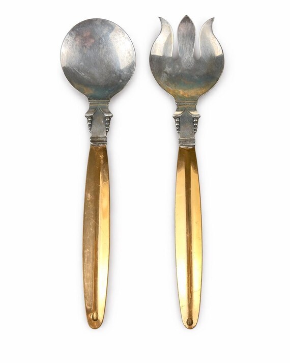 Vintage Copper Craft Guild Salad Servers | Copper Handles & Silver Plate | Art Deco / Gothic Style