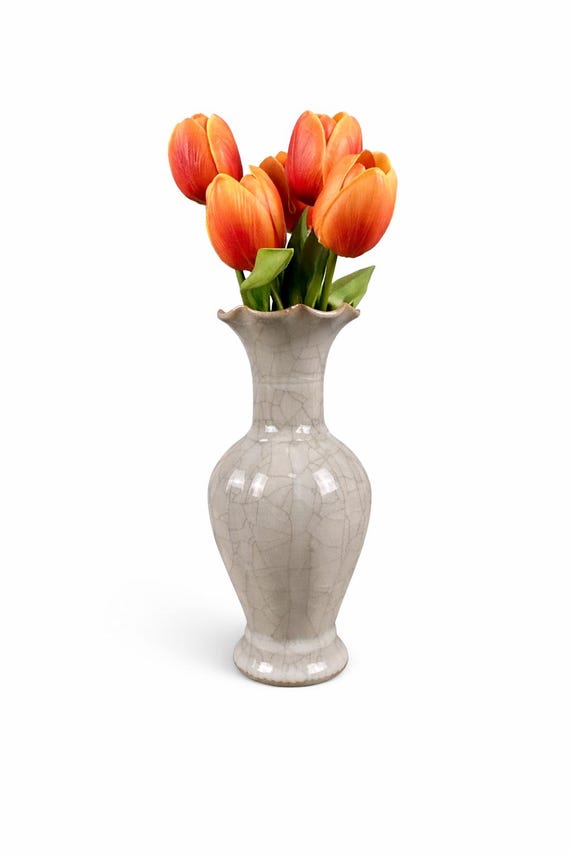 9" Vintage Chinese Song Porcelain Antique Cracked Glaze Gray Blue Ruffled Top Vase