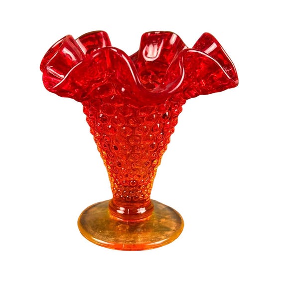 Vintage Fenton Glass: Amberina Vase with Ruffle and Hobnail Footed Bowl - Classic Elegance