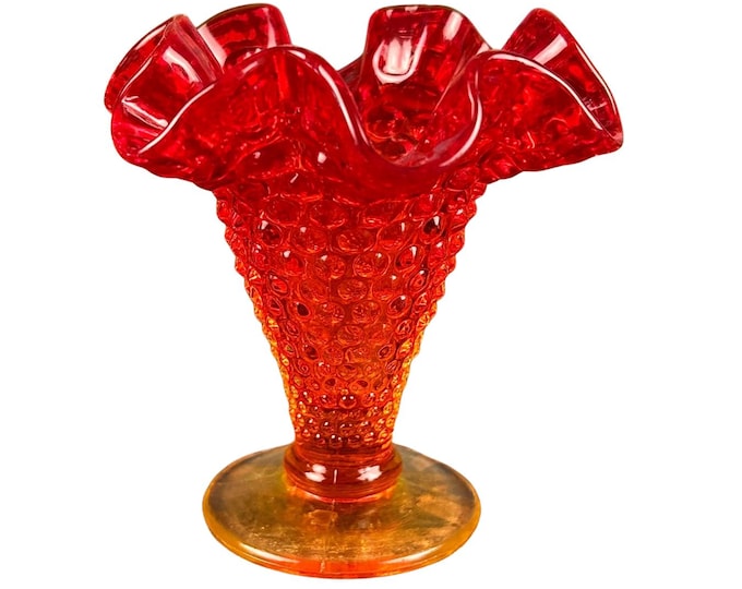 Vintage Fenton Glass: Amberina Vase with Ruffle and Hobnail Footed Bowl - Classic Elegance