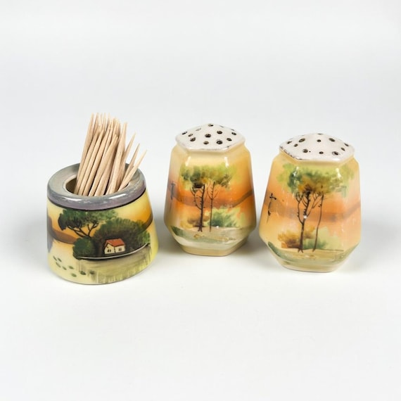 Vintage Hand Painted Porcelain Salt Pepper Shakers Toothpick Holder – Sunset Landscape Cottage Decor