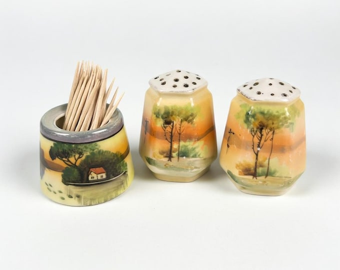 Vintage Hand Painted Porcelain Salt Pepper Shakers Toothpick Holder – Sunset Landscape Cottage Decor