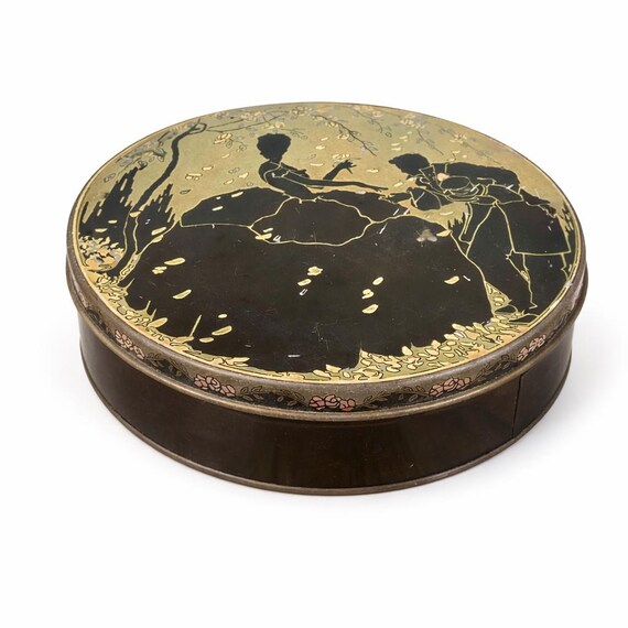 Vintage Sunlite Tindeco Collectible Round Tin with Man and Woman Floral
