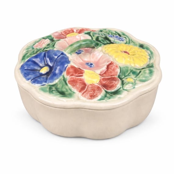 Vintage Studio Made Handpainted Lidded Scalloped Floral Bowl with Top Handle