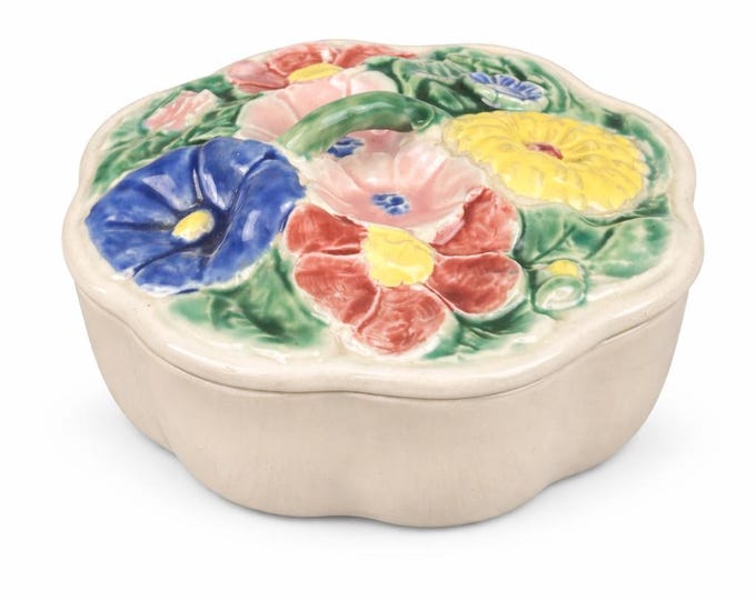 Vintage Studio Made Handpainted Lidded Scalloped Floral Bowl with Top Handle