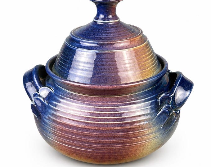 Vintage Studio Pottery Lidded Casserole Signed Mikola Blue Cranberry Reactive Glaze Stoneware Bean Pot