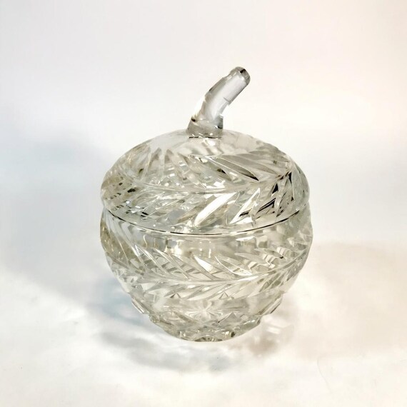 Vintage Cut Glass Apple Shaped Bowl with Lid