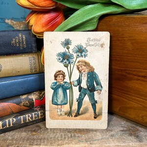 Antique 1910 Birthday Greetings Embossed Postcard Vintage Ephemera Children Green Floral