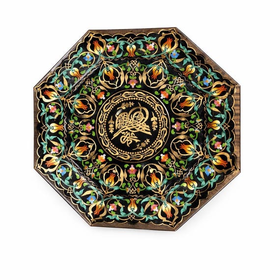 Vintage Pasabahce Turkish Hand-Painted Plate: Black Gold Floral Tray (9 Inch)