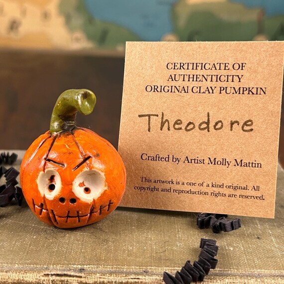 Hand-Crafted Clay Pumpkin 'THEODORE' - Miniature Halloween Decor Fall w/Certificate of Authenticity