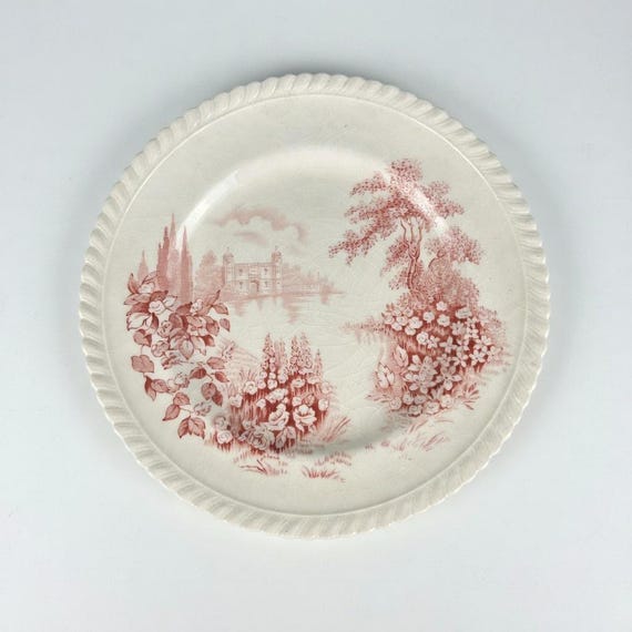 Vintage Johnson Brothers Castle Lake Plate, Red Transferware England Gadroon Rim