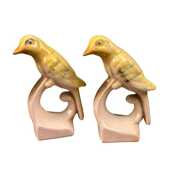 Two (2) Vintage Porcelain Bird Napkin Ring Holders/Figures in Sunny Yellow EM