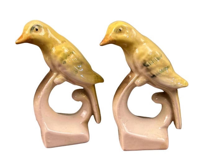 Two (2) Vintage Porcelain Bird Napkin Ring Holders/Figures in Sunny Yellow EM