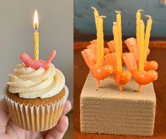 Vintage Easter Cake Toppers | Pink Plastic Bird Cupcake Picks, Set of 8