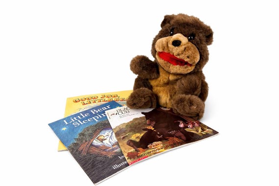 Vintage Brown Bear Plush Hand Puppet with 3 Bear Books