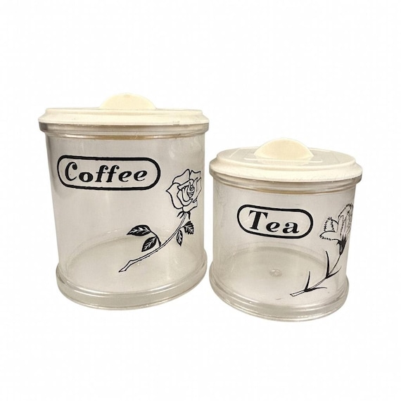 Vintage Coffee Tea Canisters – Mid Century Black Floral Plastic Kitchen Storage Jars