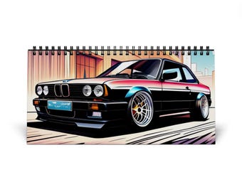 Calendario de escritorio retro BMW 2026, vista trasera del E46, Serie 3, Serie 5, Serie 7, M Sport, carreras, F1, velocidad, coche, mes, día, año
